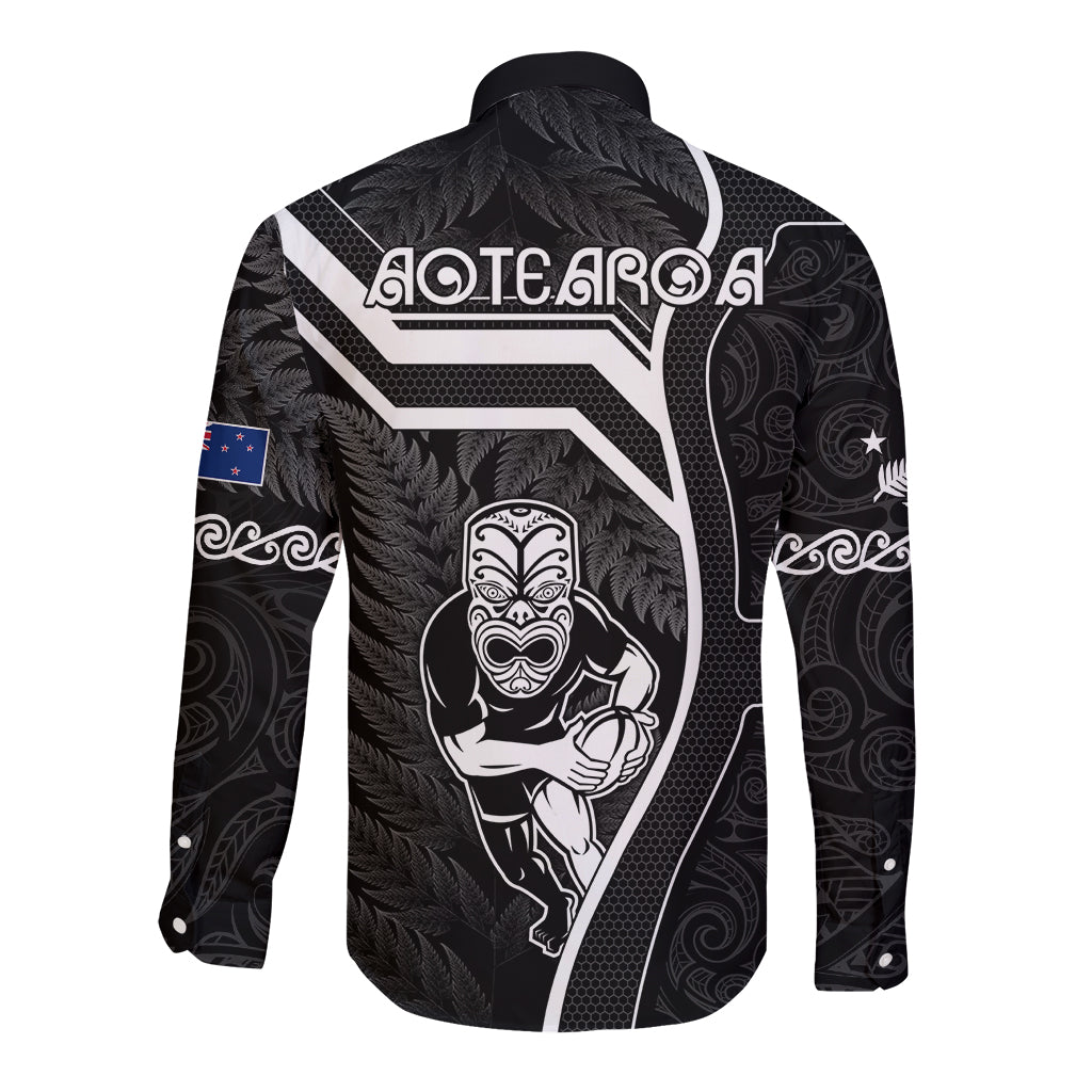 New Zealand Aotearoa Rugby Long Sleeve Button Shirt Black Fern Maori Tribal Sporty Style - Wonder Print Shop