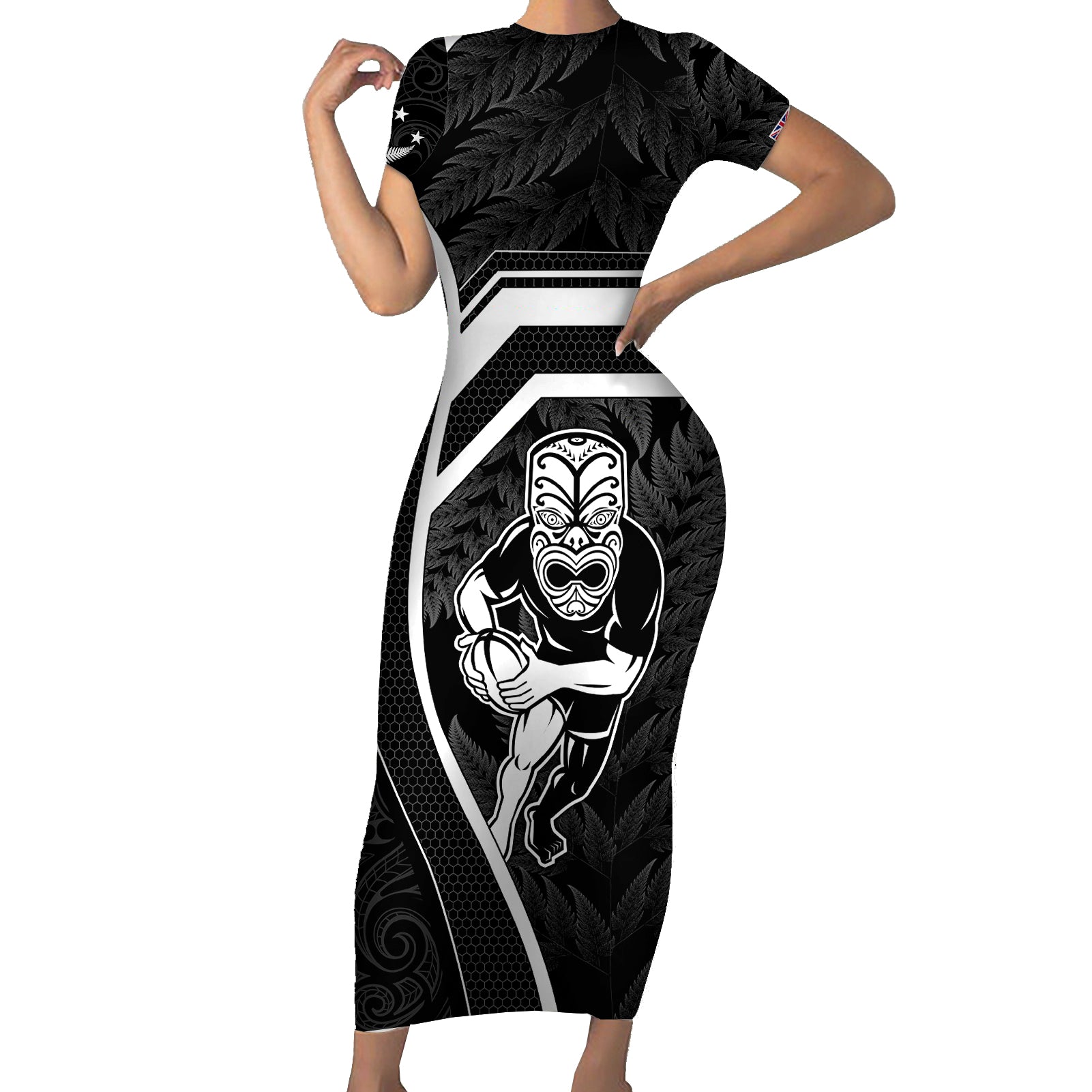 New Zealand Aotearoa Rugby Short Sleeve Bodycon Dress Black Fern Maori Tribal Sporty Style - Wonder Print Shop