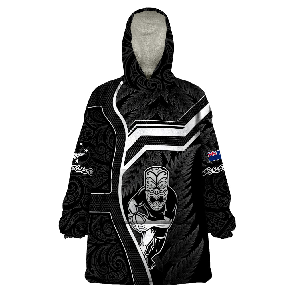 New Zealand Aotearoa Rugby Wearable Blanket Hoodie Black Fern Maori Tribal Sporty Style - Wonder Print Shop