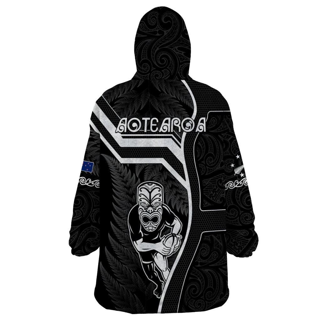 New Zealand Aotearoa Rugby Wearable Blanket Hoodie Black Fern Maori Tribal Sporty Style - Wonder Print Shop