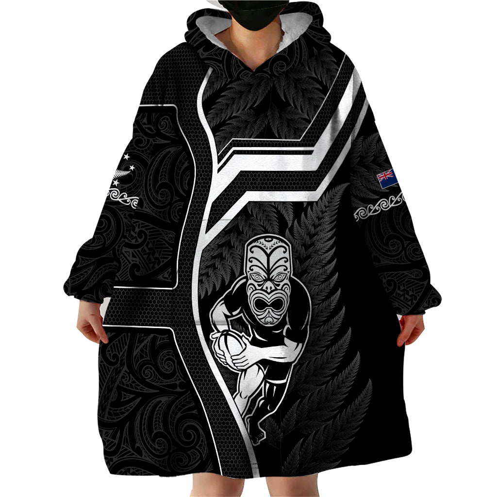 New Zealand Aotearoa Rugby Wearable Blanket Hoodie Black Fern Maori Tribal Sporty Style - Wonder Print Shop