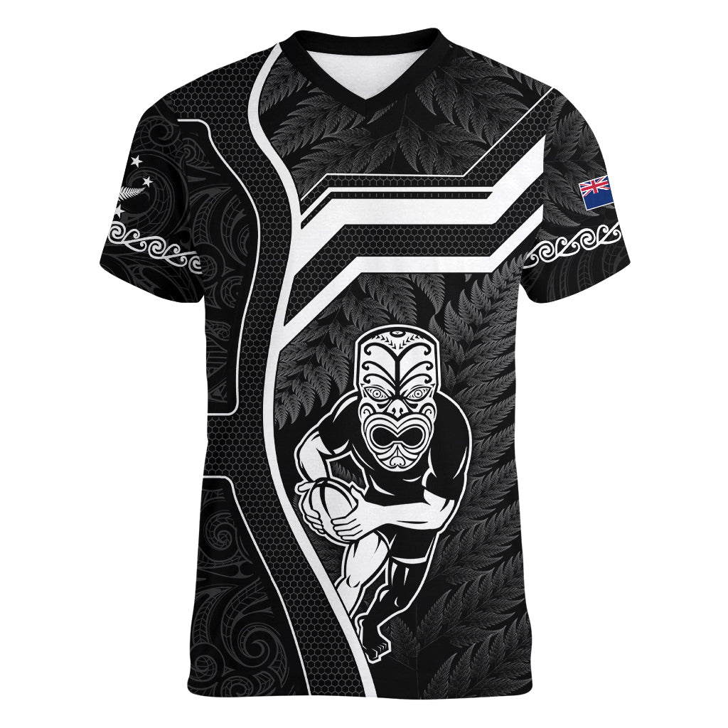 New Zealand Aotearoa Rugby Women V Neck T Shirt Black Fern Maori Tribal Sporty Style - Wonder Print Shop