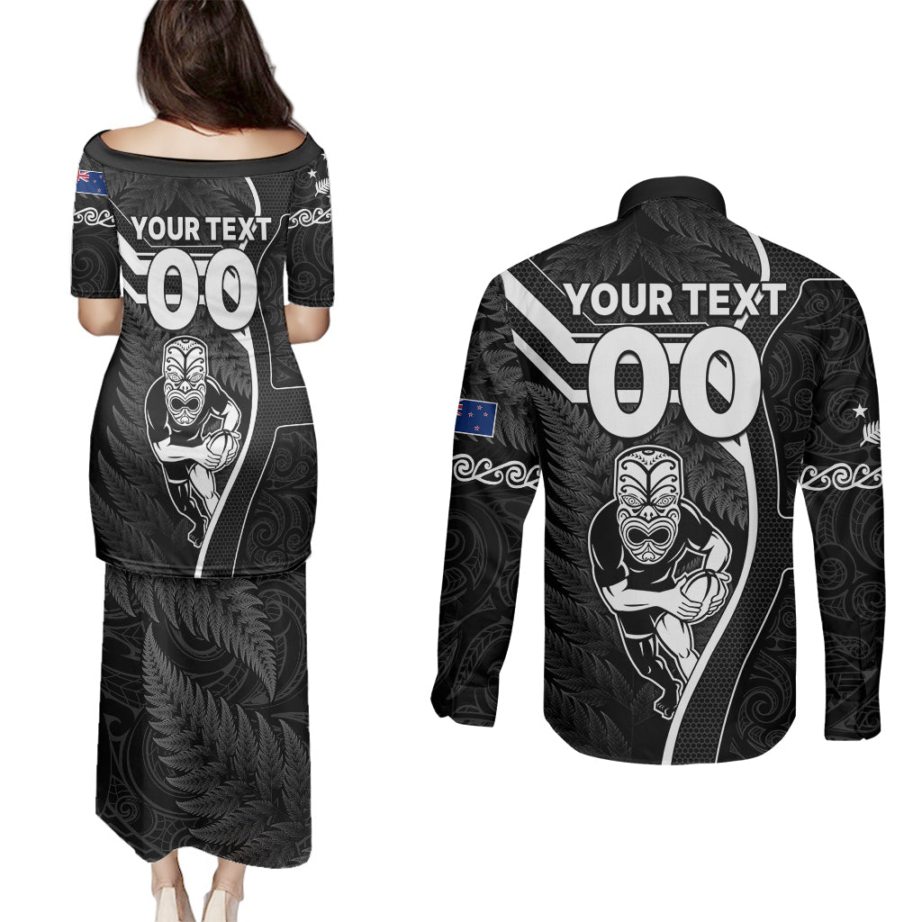 Custom New Zealand Aotearoa Rugby Couples Matching Puletasi Dress and Long Sleeve Button Shirts Black Fern Maori Tribal Sporty Style LT9 - Wonder Print Shop