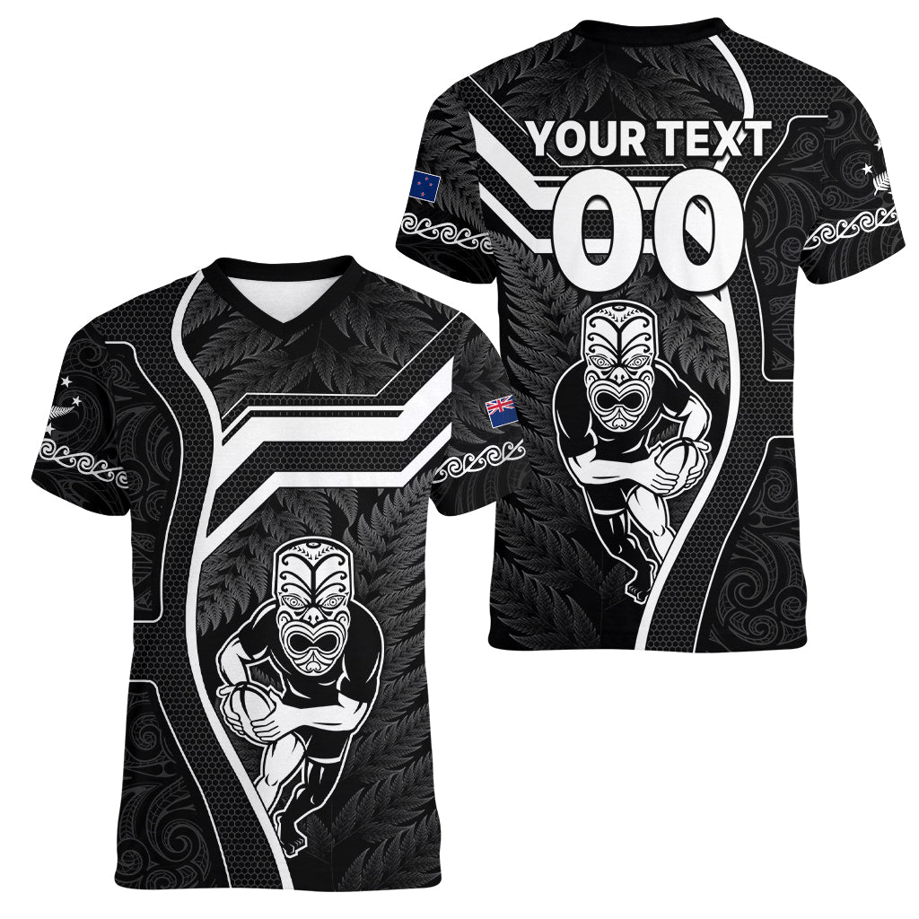 Custom New Zealand Aotearoa Rugby Women V Neck T Shirt Black Fern Maori Tribal Sporty Style - Wonder Print Shop