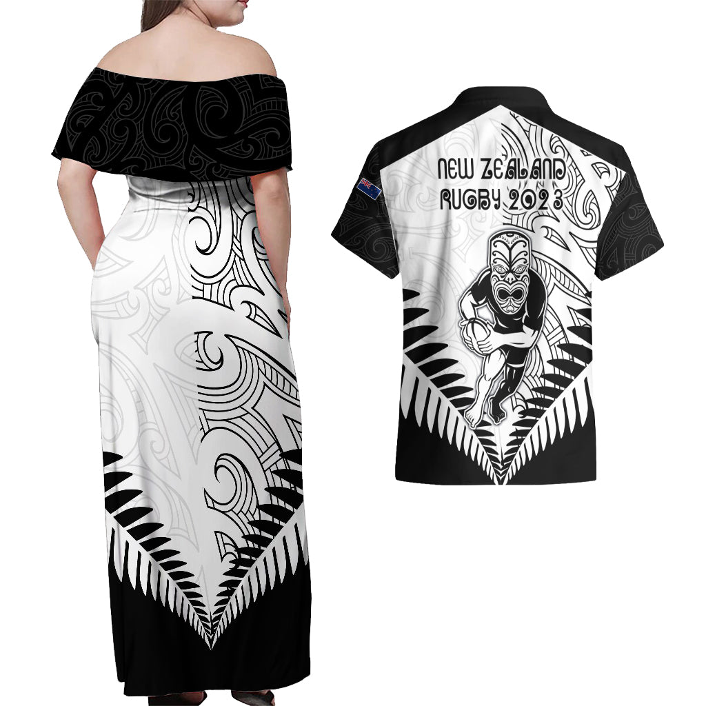 New Zealand Rugby Couples Matching Off Shoulder Maxi Dress and Hawaiian Shirt Proud Aoteroa Stylised Maori Koru LT9 - Wonder Print Shop