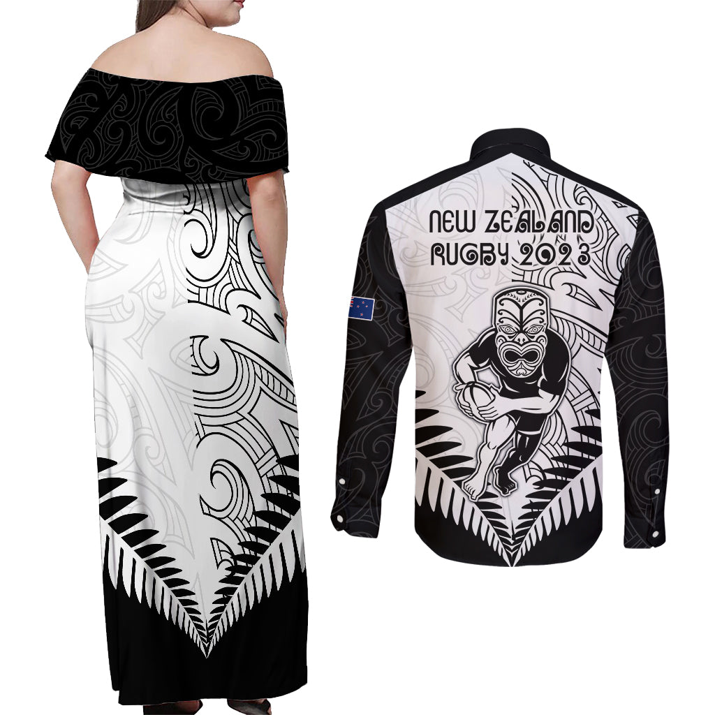 New Zealand Rugby Couples Matching Off Shoulder Maxi Dress and Long Sleeve Button Shirts Proud Aoteroa Stylised Maori Koru LT9 - Wonder Print Shop