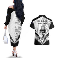 New Zealand Rugby Couples Matching Off The Shoulder Long Sleeve Dress and Hawaiian Shirt Proud Aoteroa Stylised Maori Koru LT9 - Wonder Print Shop