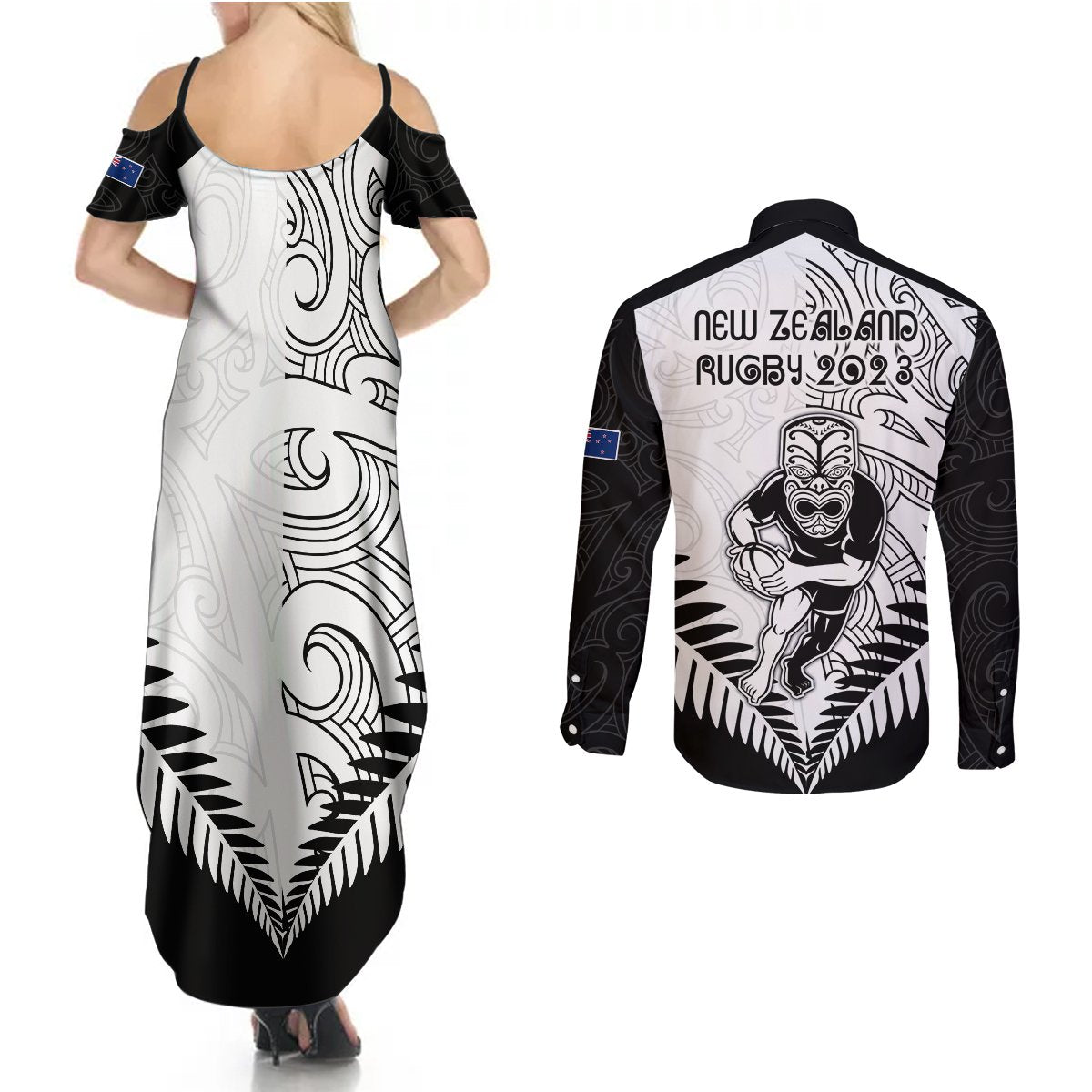 New Zealand Rugby Couples Matching Summer Maxi Dress and Long Sleeve Button Shirts Proud Aoteroa Stylised Maori Koru LT9 - Wonder Print Shop