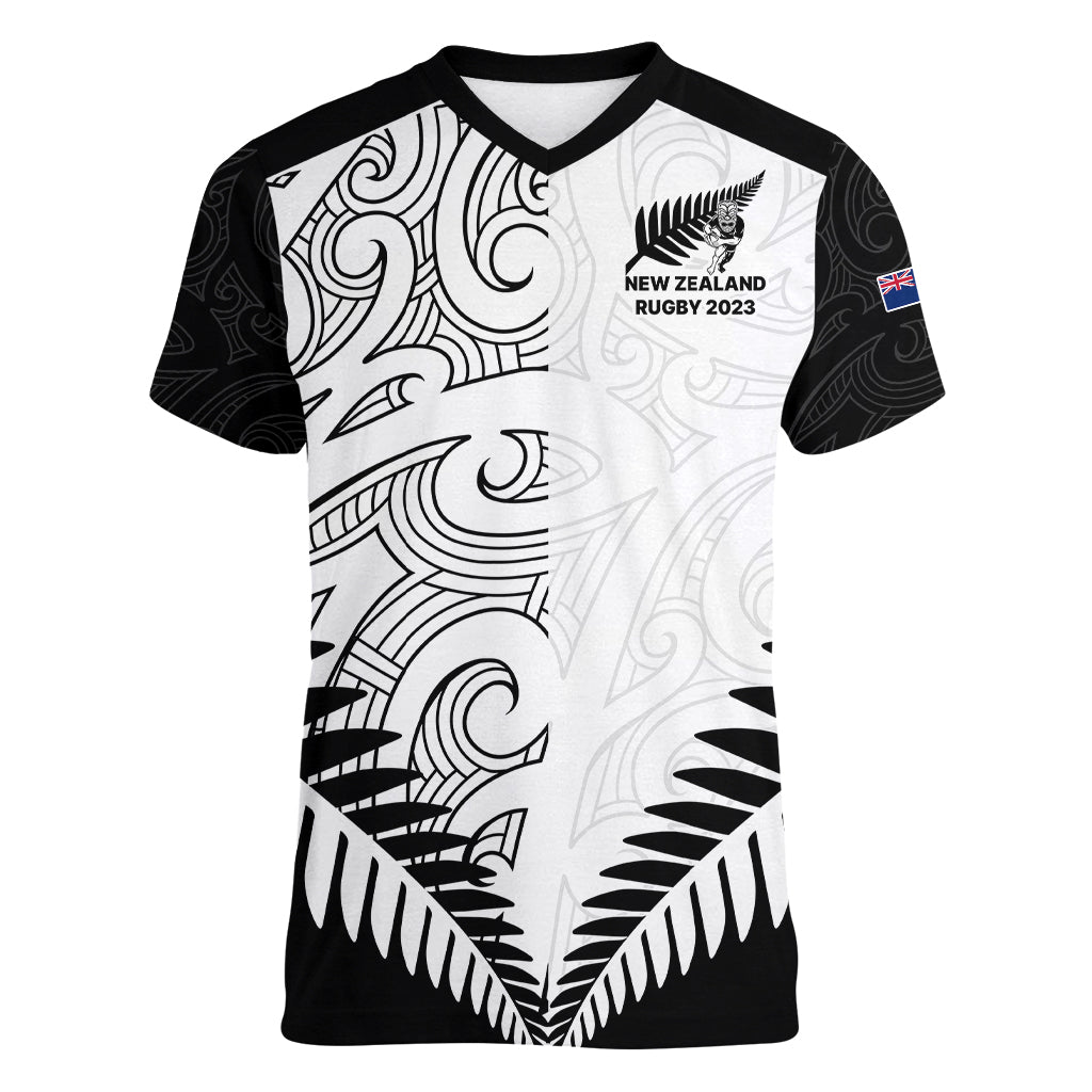 Custom New Zealand Rugby Women V Neck T Shirt Proud Aoteroa Stylised Maori Koru - Wonder Print Shop