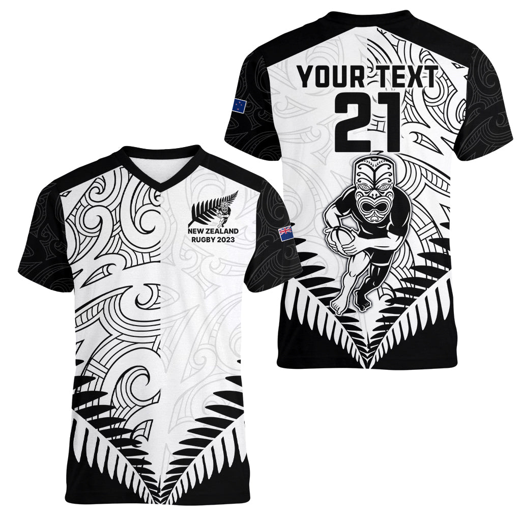 Custom New Zealand Rugby Women V Neck T Shirt Proud Aoteroa Stylised Maori Koru - Wonder Print Shop