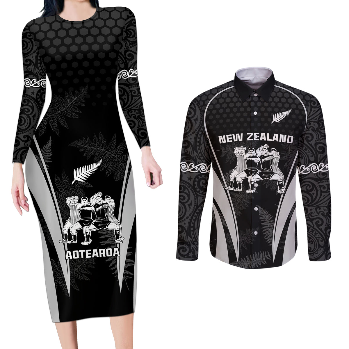 New Zealand Aotearoa Rugby Couples Matching Long Sleeve Bodycon Dress and Long Sleeve Button Shirt Haka Dance Mixed Silver Fern Sporty Style LT9 - Wonder Print Shop