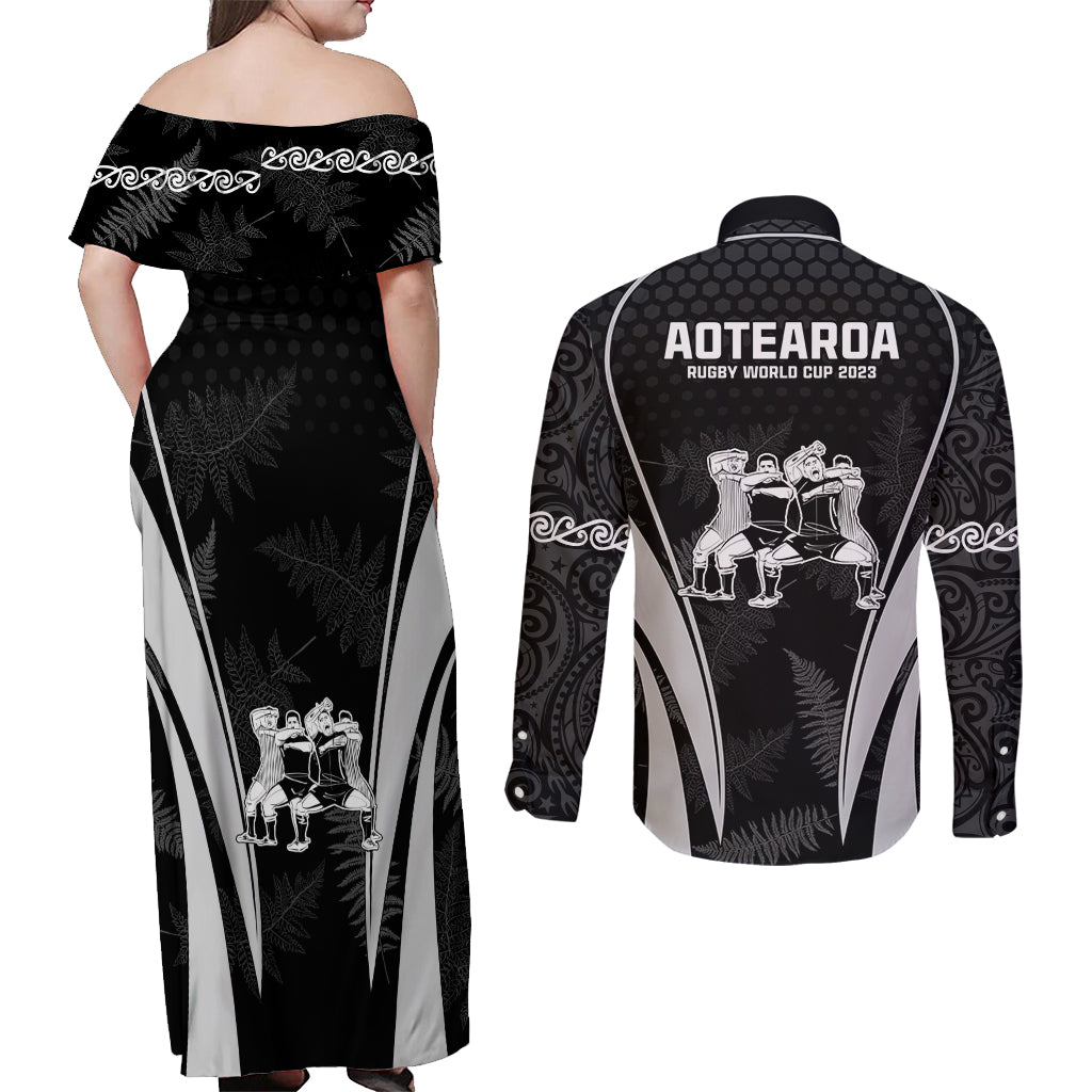 New Zealand Aotearoa Rugby Couples Matching Off Shoulder Maxi Dress and Long Sleeve Button Shirt Haka Dance Mixed Silver Fern Sporty Style LT9 - Wonder Print Shop