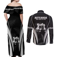 New Zealand Aotearoa Rugby Couples Matching Off Shoulder Maxi Dress and Long Sleeve Button Shirt Haka Dance Mixed Silver Fern Sporty Style LT9 - Wonder Print Shop