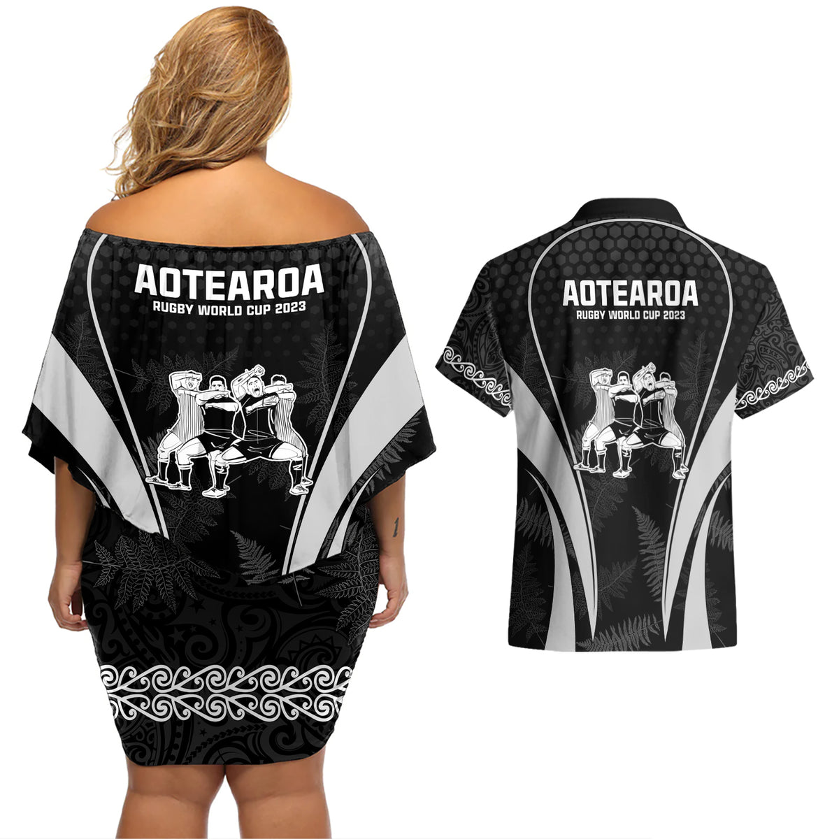 New Zealand Aotearoa Rugby Couples Matching Off Shoulder Short Dress and Hawaiian Shirt Haka Dance Mixed Silver Fern Sporty Style LT9 - Wonder Print Shop