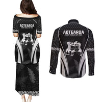 New Zealand Aotearoa Rugby Couples Matching Puletasi Dress and Long Sleeve Button Shirt Haka Dance Mixed Silver Fern Sporty Style LT9 - Wonder Print Shop