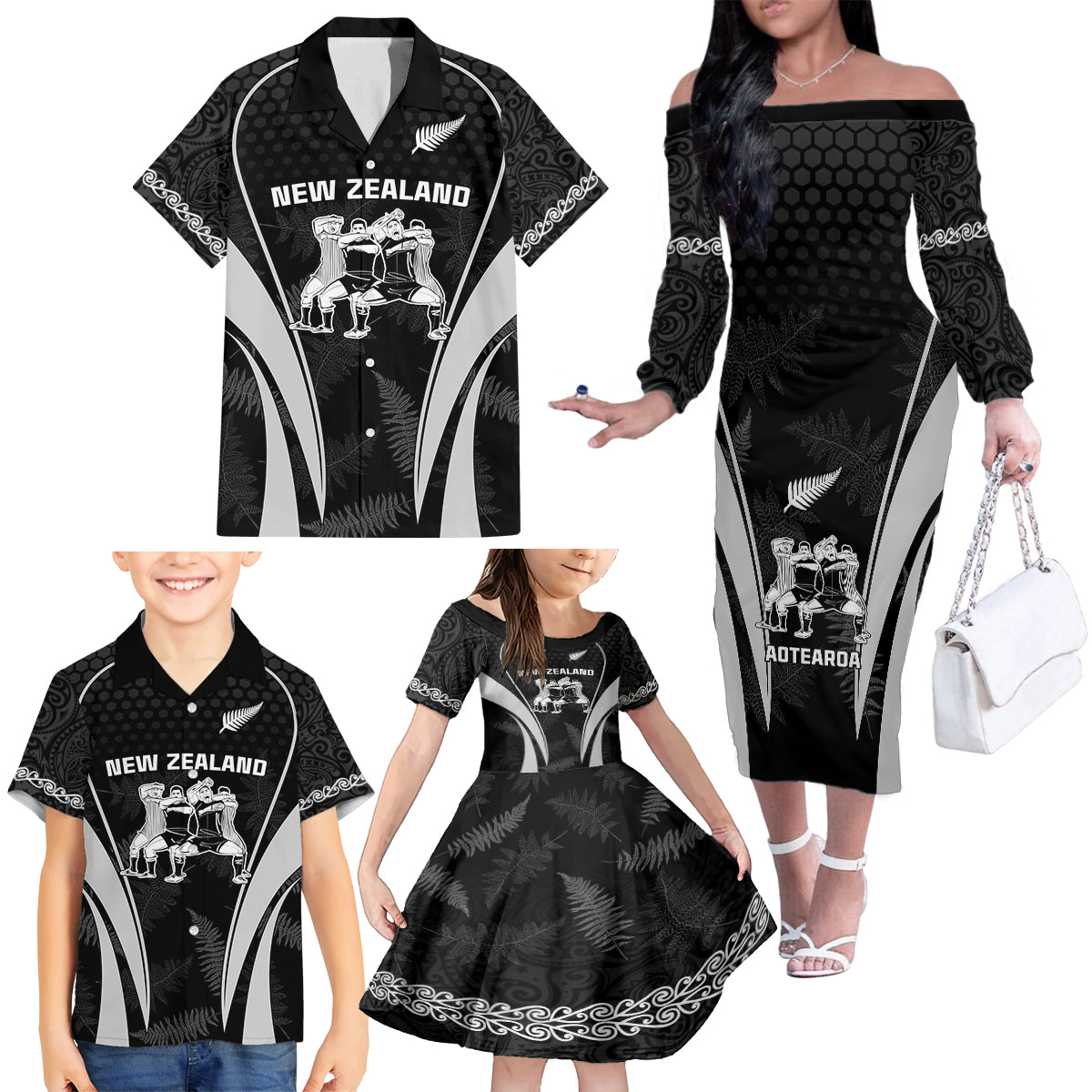 New Zealand Aotearoa Rugby Family Matching Off Shoulder Long Sleeve Dress and Hawaiian Shirt Haka Dance Mixed Silver Fern Sporty Style - Wonder Print Shop