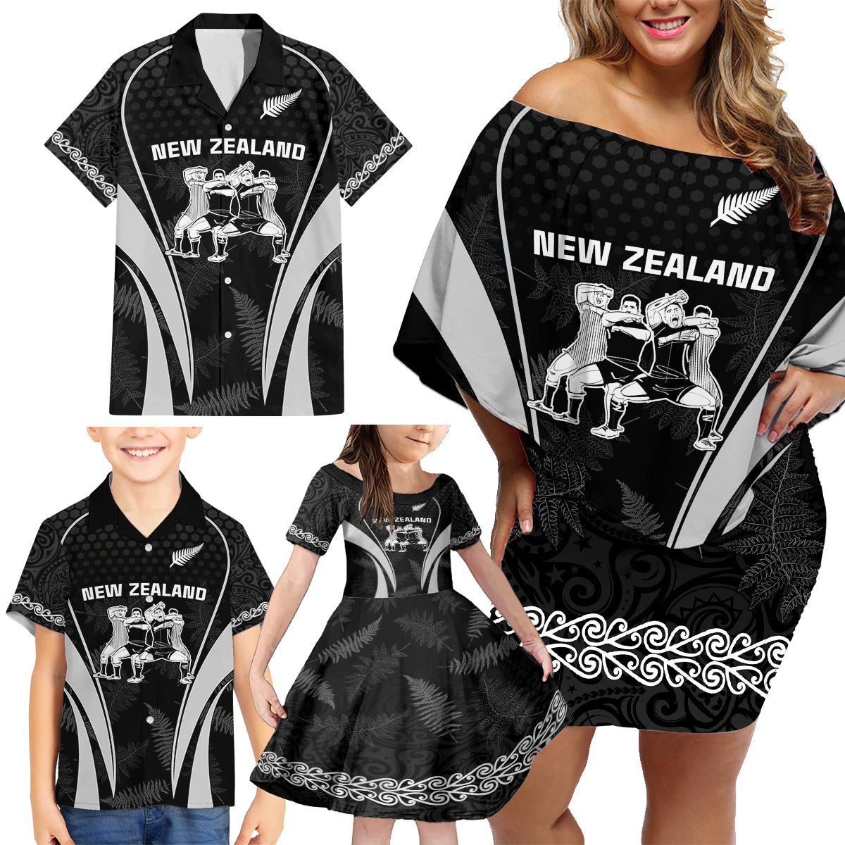 New Zealand Aotearoa Rugby Family Matching Off Shoulder Short Dress and Hawaiian Shirt Haka Dance Mixed Silver Fern Sporty Style LT9 - Wonder Print Shop