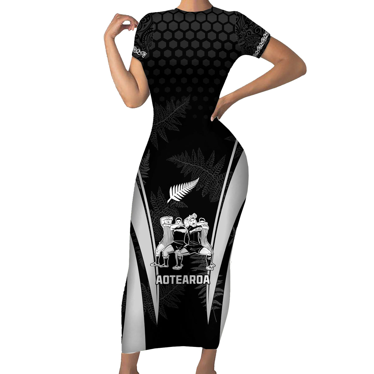 New Zealand Aotearoa Rugby Short Sleeve Bodycon Dress Haka Dance Mixed Silver Fern Sporty Style - Wonder Print Shop