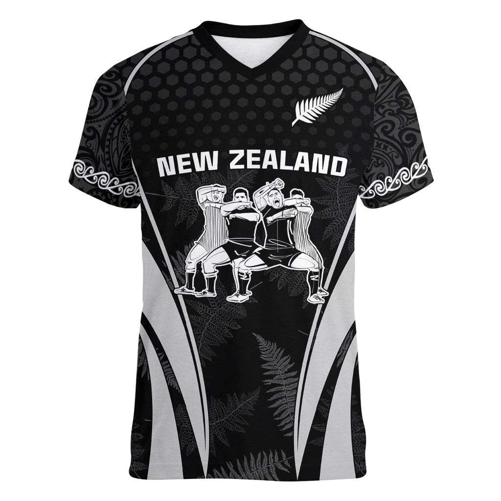 New Zealand Aotearoa Rugby Women V Neck T Shirt Haka Dance Mixed Silver Fern Sporty Style - Wonder Print Shop