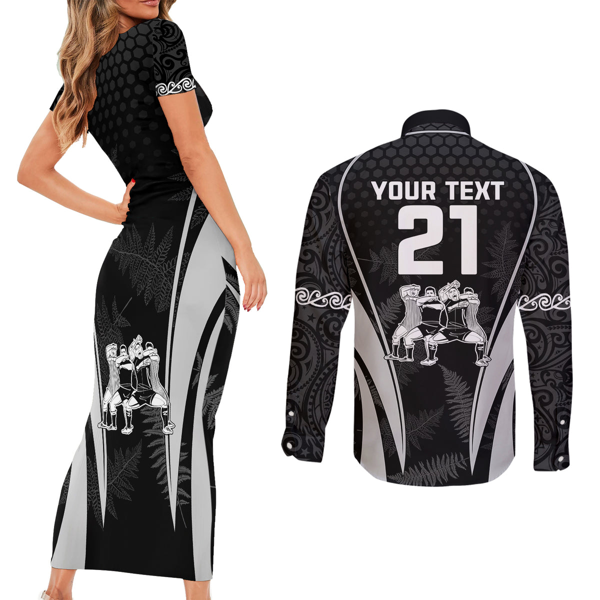 Custom New Zealand Aotearoa Rugby Couples Matching Short Sleeve Bodycon Dress and Long Sleeve Button Shirts Haka Dance Mixed Silver Fern Sporty Style LT9 - Wonder Print Shop