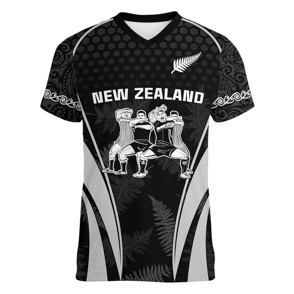 Custom New Zealand Aotearoa Rugby Women V Neck T Shirt Haka Dance Mixed Silver Fern Sporty Style - Wonder Print Shop