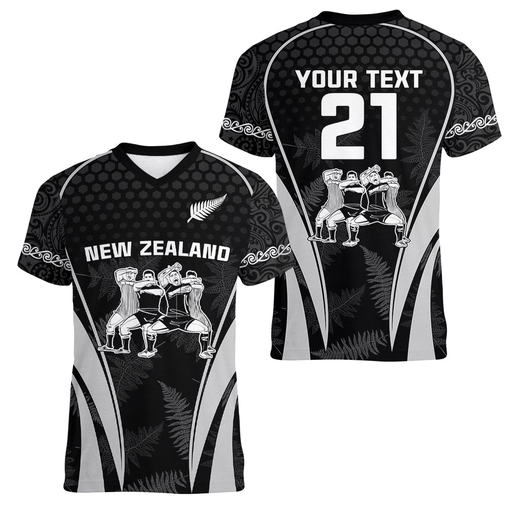 Custom New Zealand Aotearoa Rugby Women V Neck T Shirt Haka Dance Mixed Silver Fern Sporty Style - Wonder Print Shop