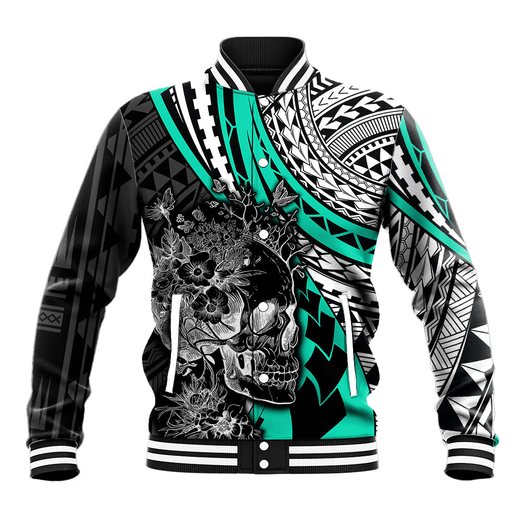 Personalised Polynesia Skull Baseball Jacket Tattoo In The Style Of Maori With Marine Life Aqua LT9 - Wonder Print Shop