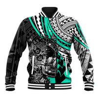 Personalised Polynesia Skull Baseball Jacket Tattoo In The Style Of Maori With Marine Life Aqua LT9 - Wonder Print Shop