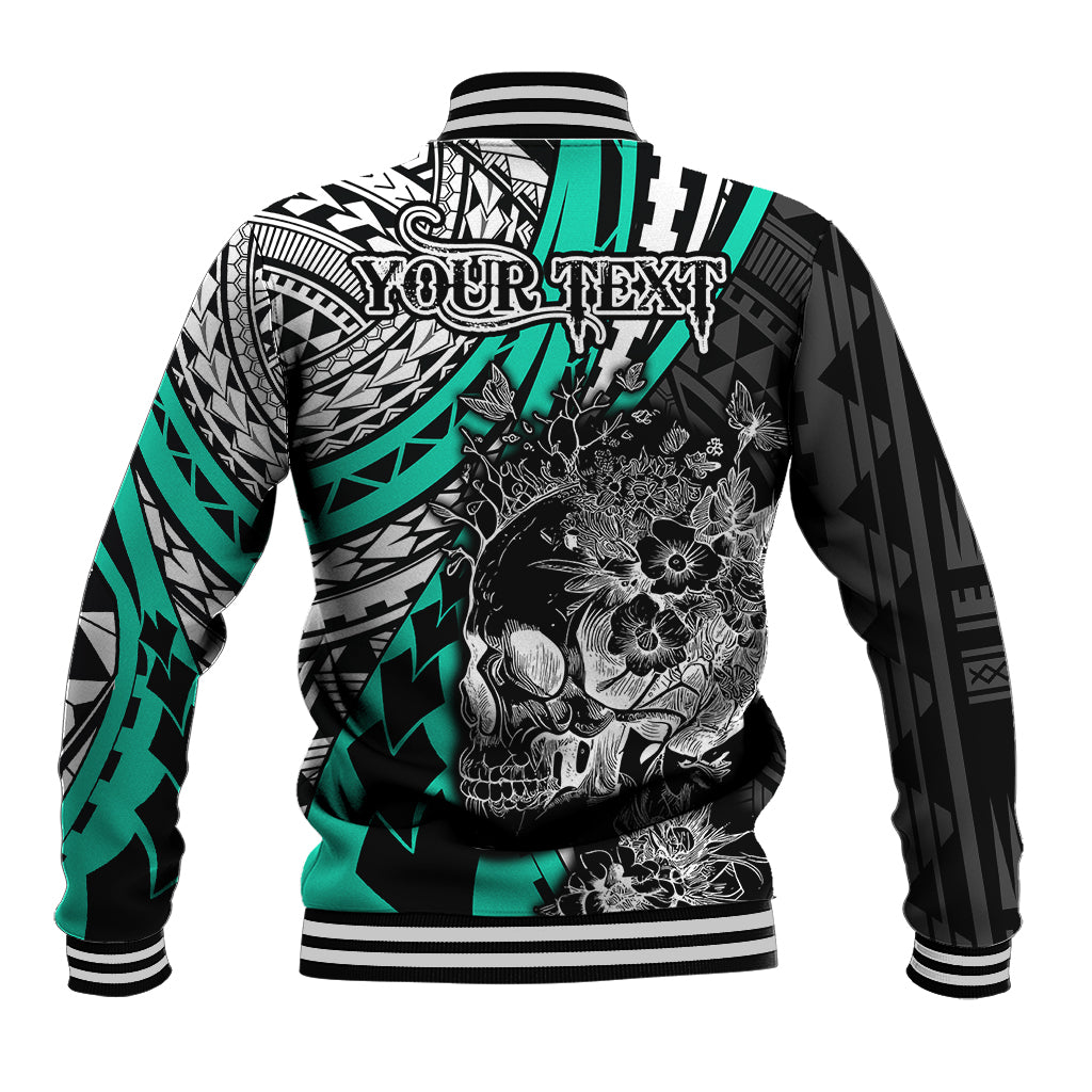 Personalised Polynesia Skull Baseball Jacket Tattoo In The Style Of Maori With Marine Life Aqua LT9 - Wonder Print Shop