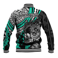 Personalised Polynesia Skull Baseball Jacket Tattoo In The Style Of Maori With Marine Life Aqua LT9 - Wonder Print Shop