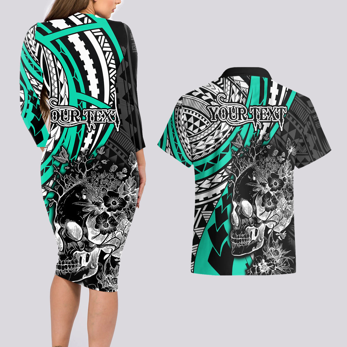 Personalised Polynesia Skull Couples Matching Long Sleeve Bodycon Dress and Hawaiian Shirt Tattoo In The Style Of Maori With Marine Life Aqua LT9 - Wonder Print Shop