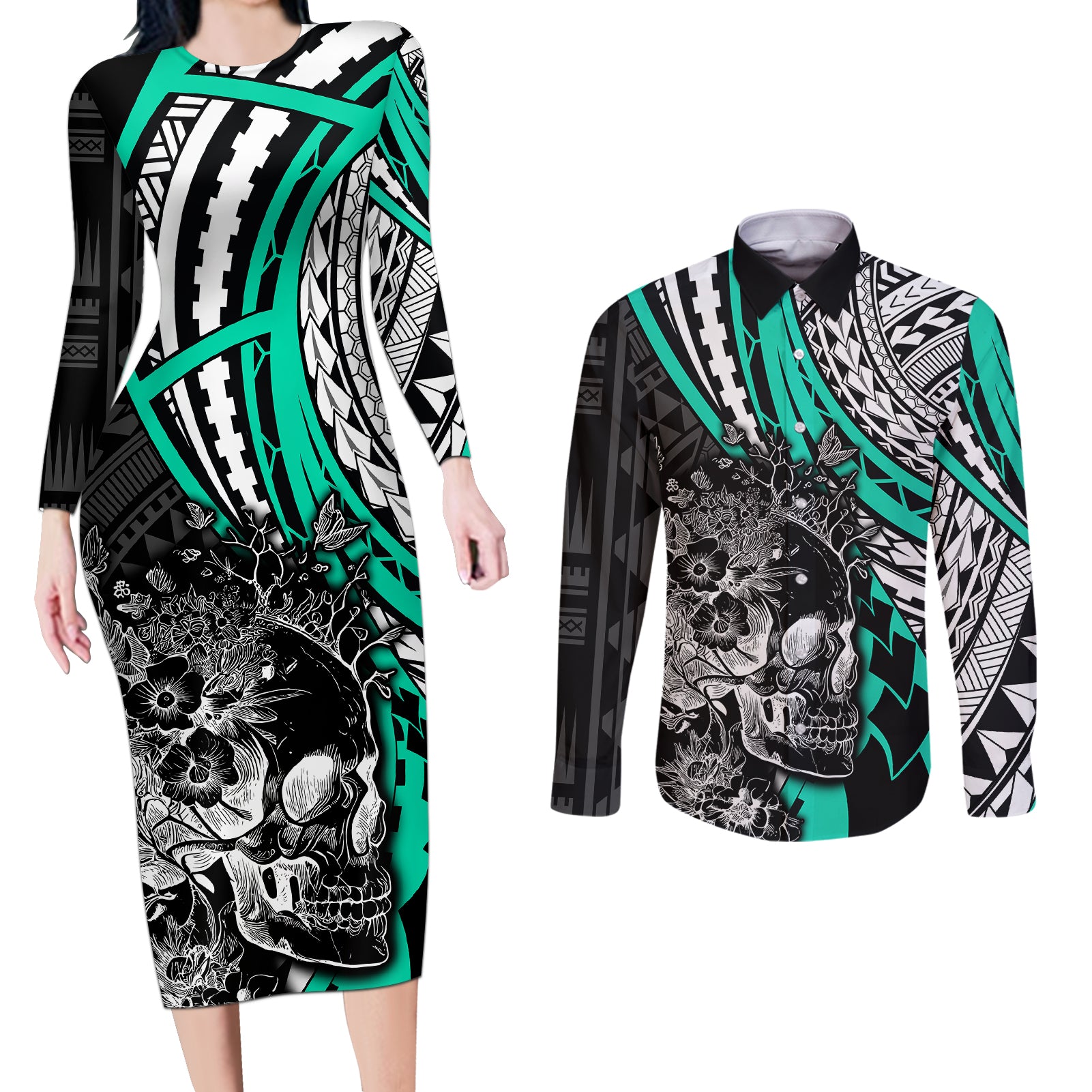 Personalised Polynesia Skull Couples Matching Long Sleeve Bodycon Dress and Long Sleeve Button Shirts Tattoo In The Style Of Maori With Marine Life Aqua LT9 - Wonder Print Shop