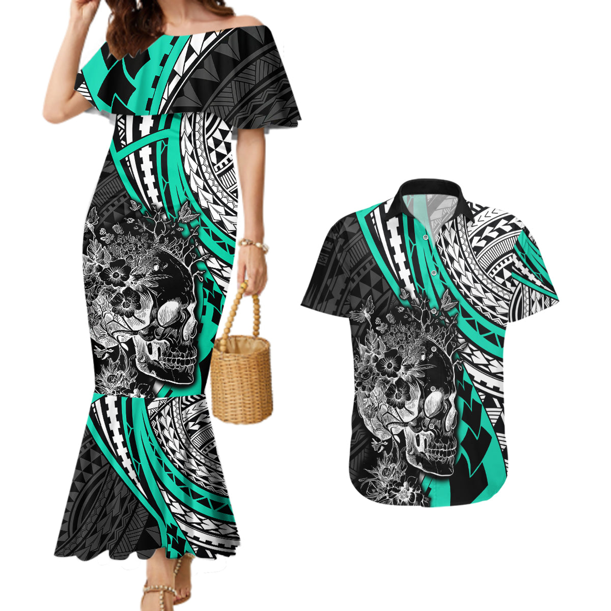 Personalised Polynesia Skull Couples Matching Mermaid Dress and Hawaiian Shirt Tattoo In The Style Of Maori With Marine Life Aqua LT9 - Wonder Print Shop