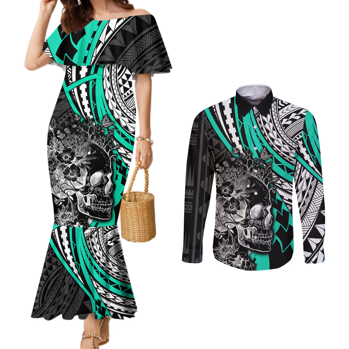 personalised-polynesia-skull-couples-matching-mermaid-dress-and-long-sleeve-button-shirts-tattoo-in-the-style-of-maori-with-marine-life-aqua