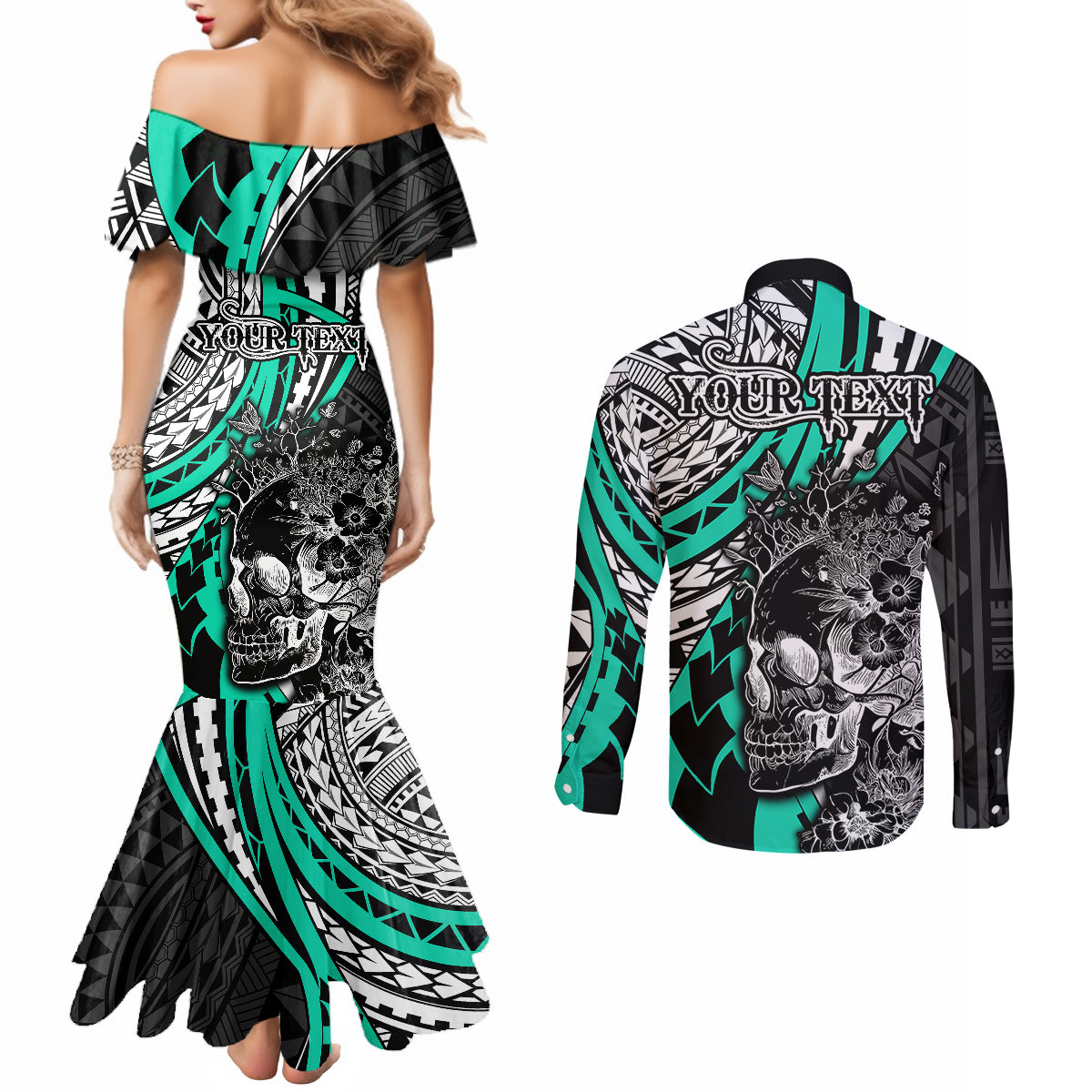 personalised-polynesia-skull-couples-matching-mermaid-dress-and-long-sleeve-button-shirts-tattoo-in-the-style-of-maori-with-marine-life-aqua
