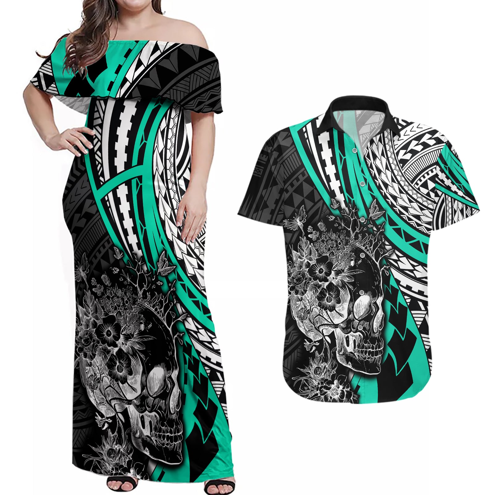 Personalised Polynesia Skull Couples Matching Off Shoulder Maxi Dress and Hawaiian Shirt Tattoo In The Style Of Maori With Marine Life Aqua LT9 - Wonder Print Shop