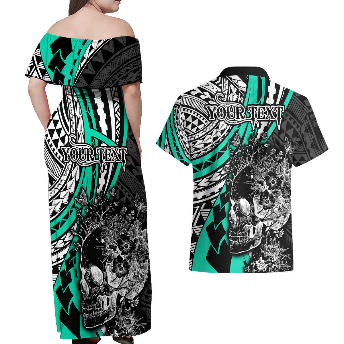 Personalised Polynesia Skull Couples Matching Off Shoulder Maxi Dress and Hawaiian Shirt Tattoo In The Style Of Maori With Marine Life Aqua LT9 - Wonder Print Shop