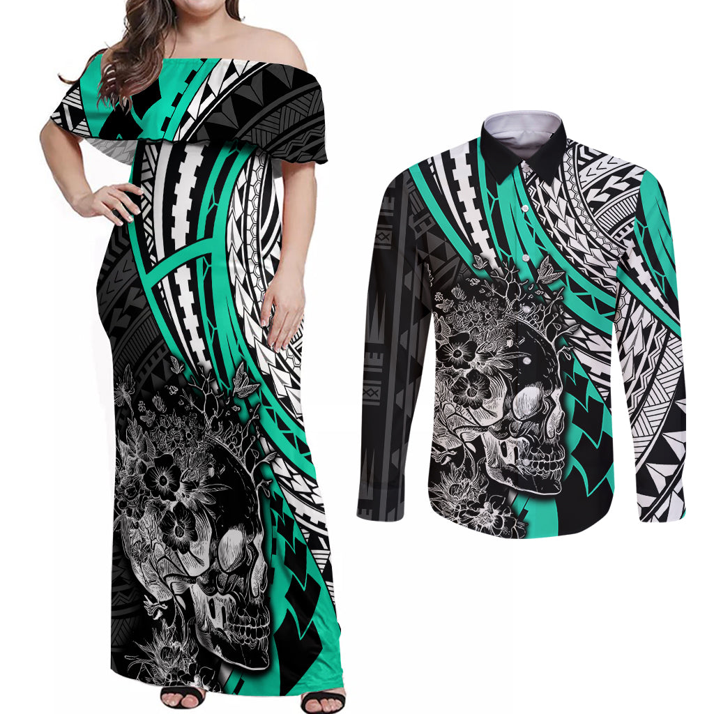 Personalised Polynesia Skull Couples Matching Off Shoulder Maxi Dress and Long Sleeve Button Shirts Tattoo In The Style Of Maori With Marine Life Aqua LT9 - Wonder Print Shop