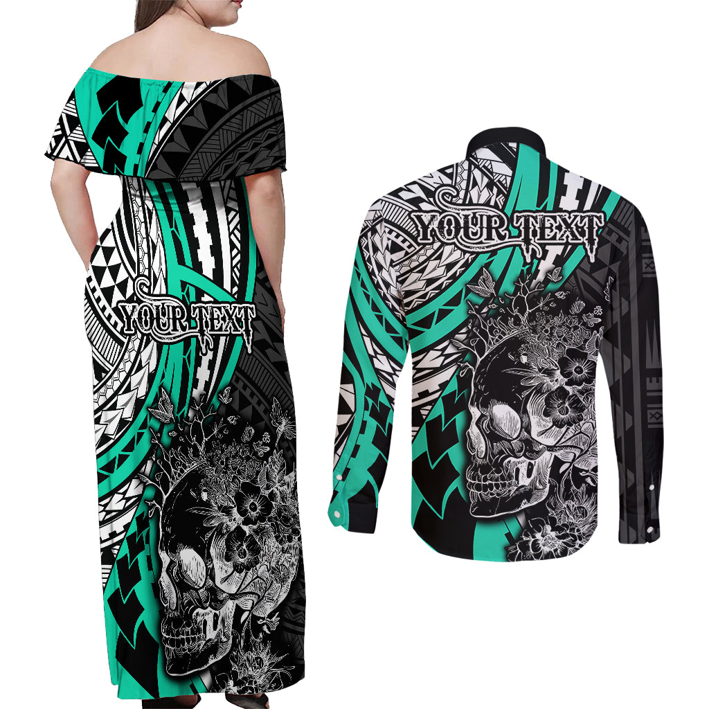 Personalised Polynesia Skull Couples Matching Off Shoulder Maxi Dress and Long Sleeve Button Shirts Tattoo In The Style Of Maori With Marine Life Aqua LT9 - Wonder Print Shop
