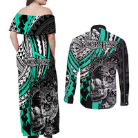 Personalised Polynesia Skull Couples Matching Off Shoulder Maxi Dress and Long Sleeve Button Shirts Tattoo In The Style Of Maori With Marine Life Aqua LT9 - Wonder Print Shop