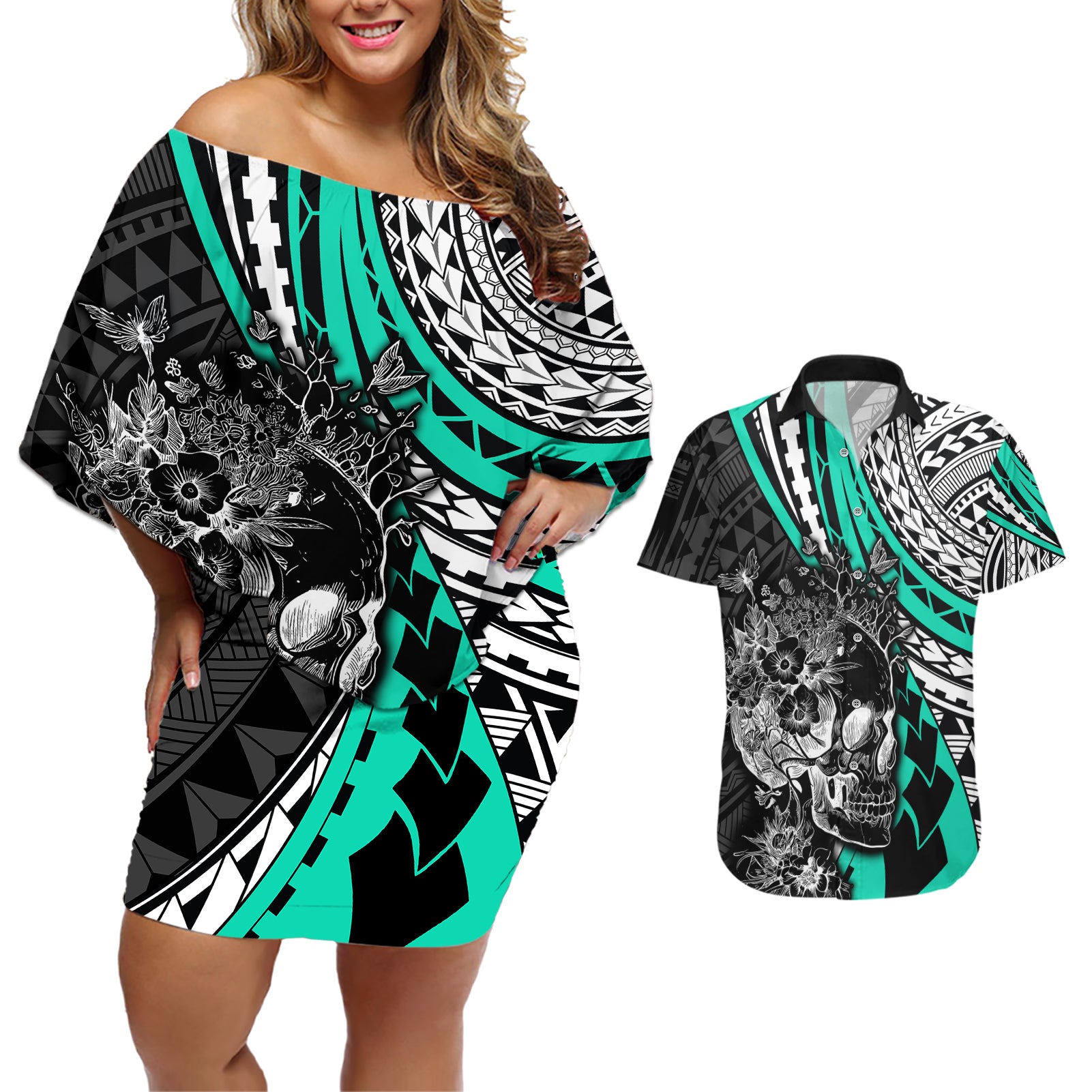 Personalised Polynesia Skull Couples Matching Off Shoulder Short Dress and Hawaiian Shirt Tattoo In The Style Of Maori With Marine Life Aqua LT9 - Wonder Print Shop