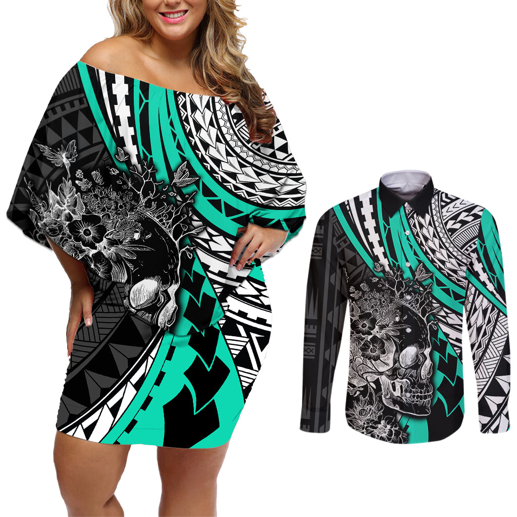 Personalised Polynesia Skull Couples Matching Off Shoulder Short Dress and Long Sleeve Button Shirts Tattoo In The Style Of Maori With Marine Life Aqua LT9 - Wonder Print Shop