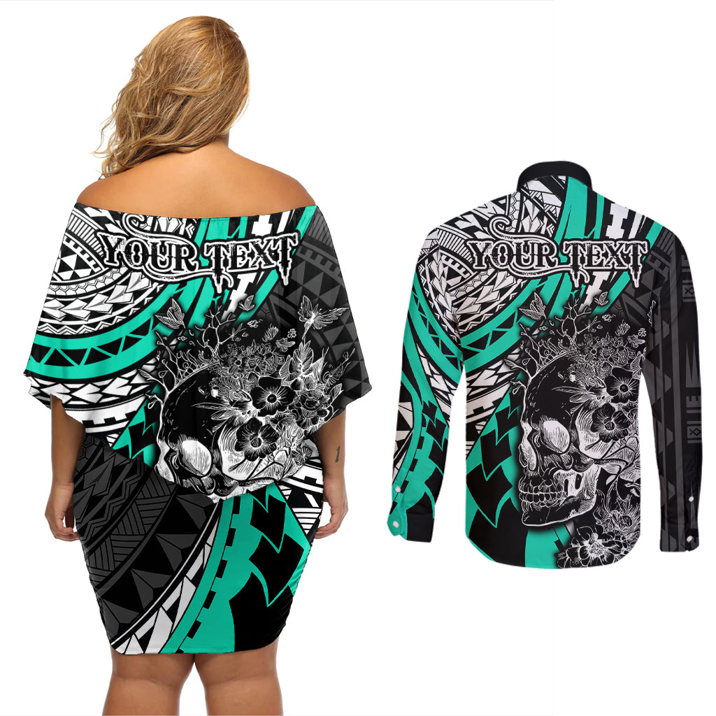 Personalised Polynesia Skull Couples Matching Off Shoulder Short Dress and Long Sleeve Button Shirts Tattoo In The Style Of Maori With Marine Life Aqua LT9 - Wonder Print Shop