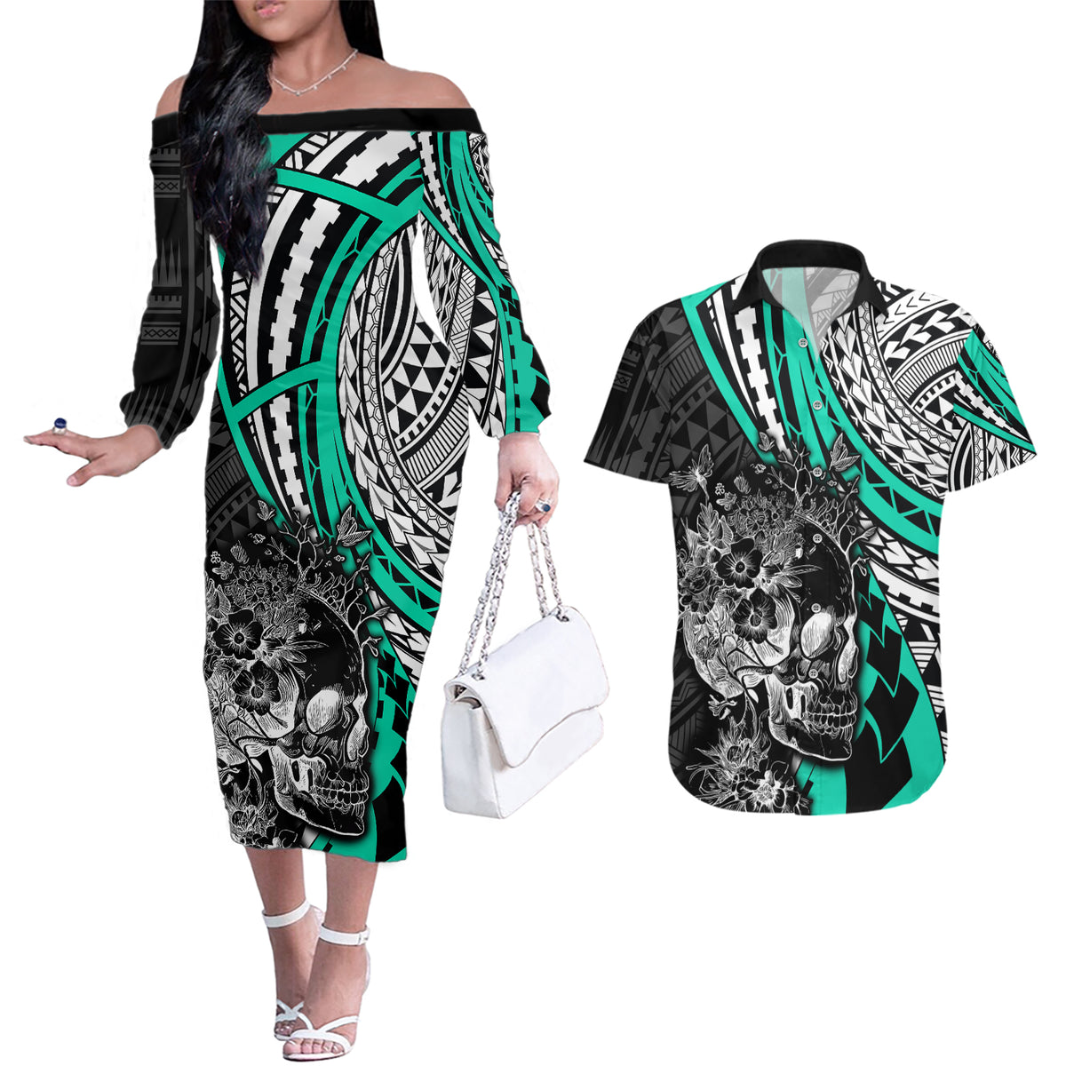 Personalised Polynesia Skull Couples Matching Off The Shoulder Long Sleeve Dress and Hawaiian Shirt Tattoo In The Style Of Maori With Marine Life Aqua LT9 - Wonder Print Shop