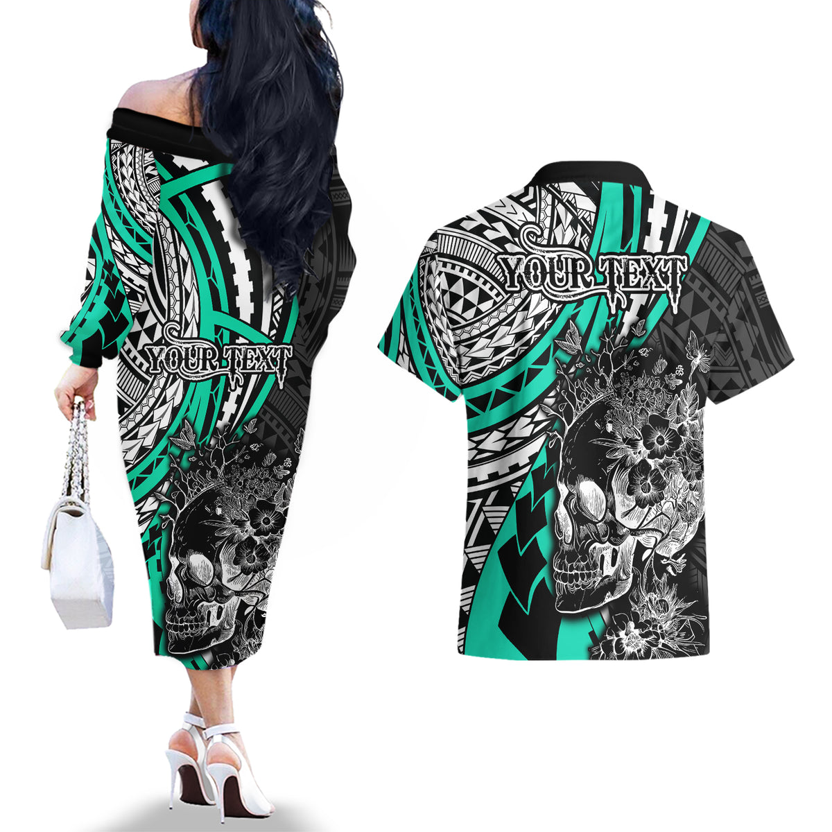 Personalised Polynesia Skull Couples Matching Off The Shoulder Long Sleeve Dress and Hawaiian Shirt Tattoo In The Style Of Maori With Marine Life Aqua LT9 - Wonder Print Shop