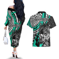 Personalised Polynesia Skull Couples Matching Off The Shoulder Long Sleeve Dress and Hawaiian Shirt Tattoo In The Style Of Maori With Marine Life Aqua LT9 - Wonder Print Shop