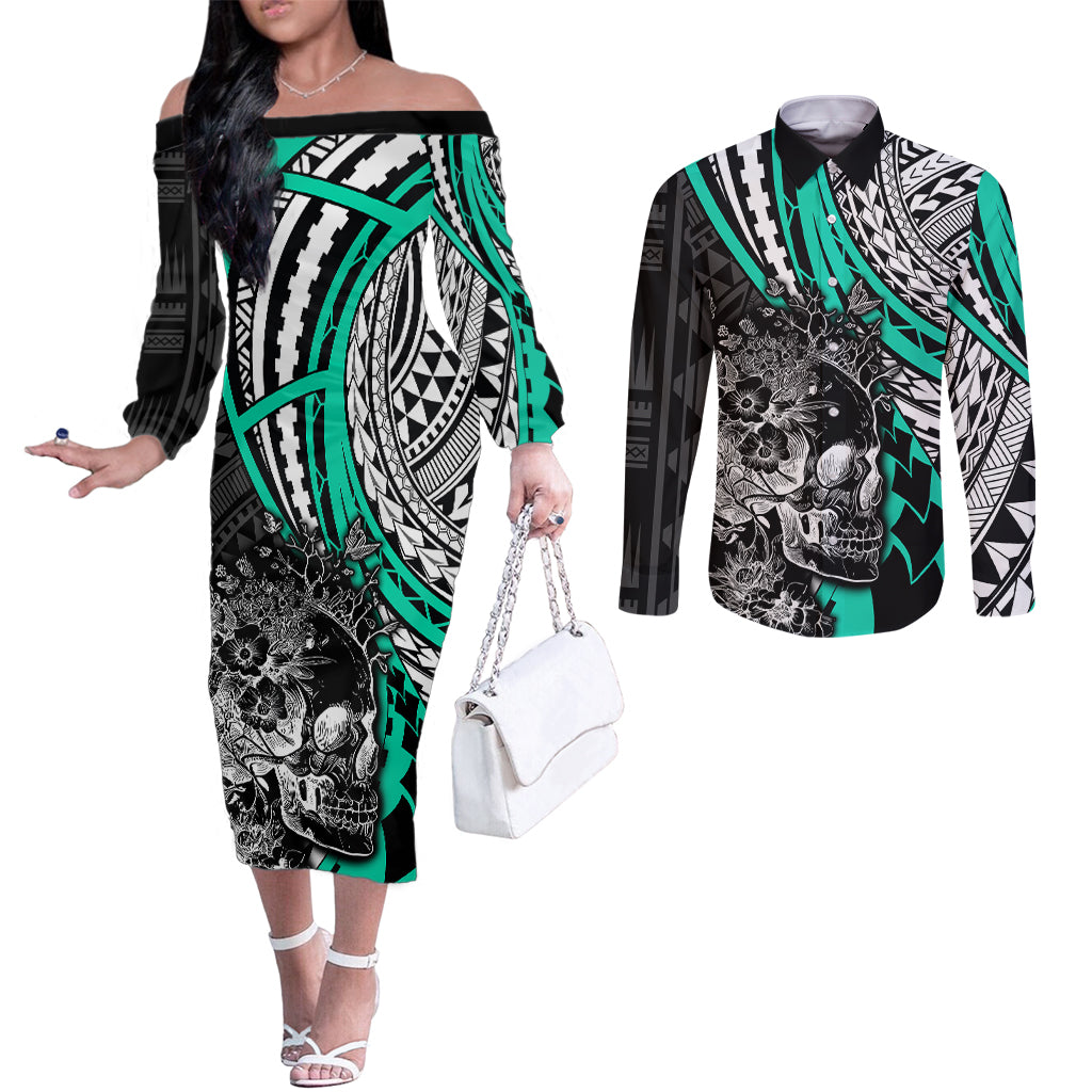 personalised-polynesia-skull-couples-matching-off-the-shoulder-long-sleeve-dress-and-long-sleeve-button-shirts-tattoo-in-the-style-of-maori-with-marine-life-aqua