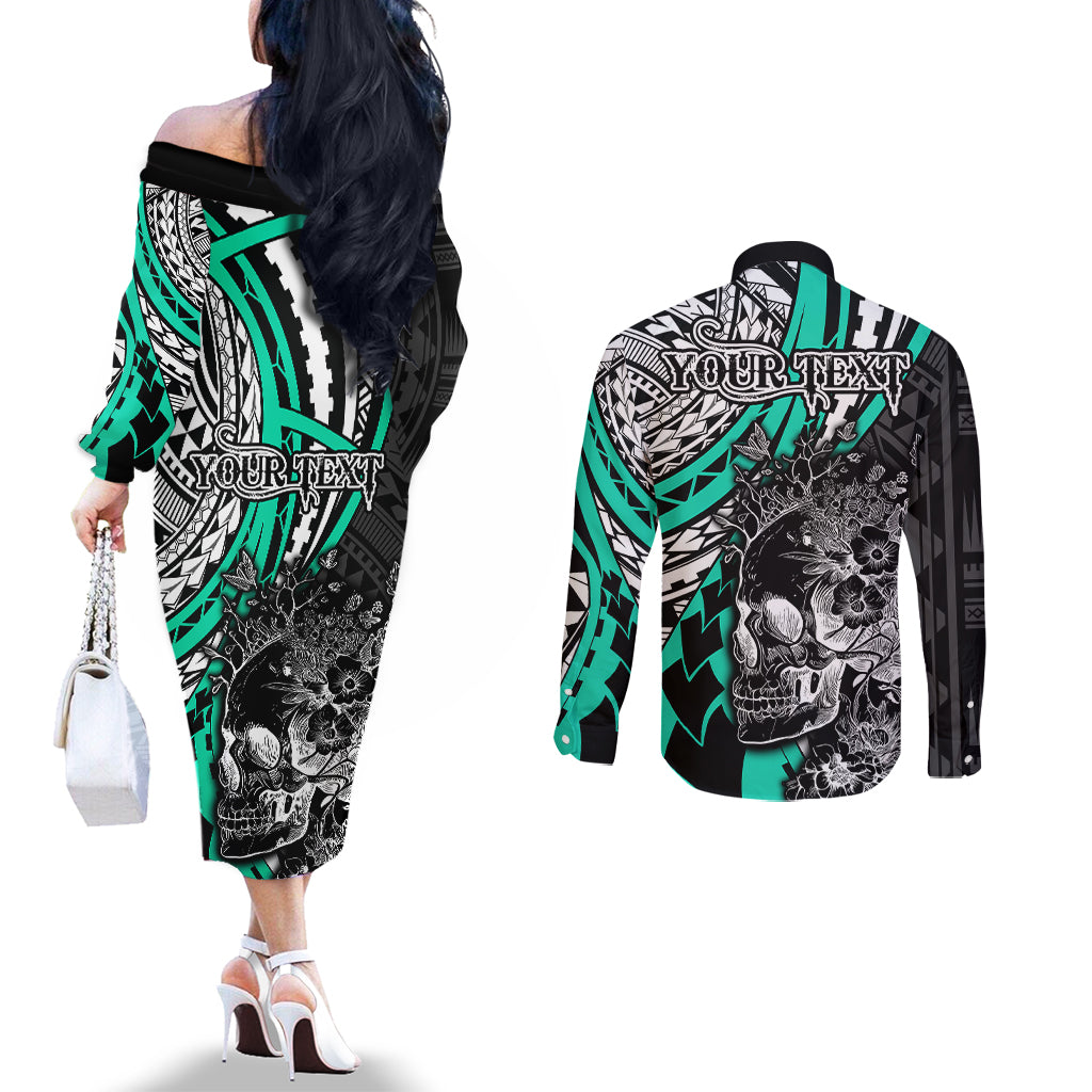 personalised-polynesia-skull-couples-matching-off-the-shoulder-long-sleeve-dress-and-long-sleeve-button-shirts-tattoo-in-the-style-of-maori-with-marine-life-aqua