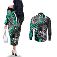 personalised-polynesia-skull-couples-matching-off-the-shoulder-long-sleeve-dress-and-long-sleeve-button-shirts-tattoo-in-the-style-of-maori-with-marine-life-aqua