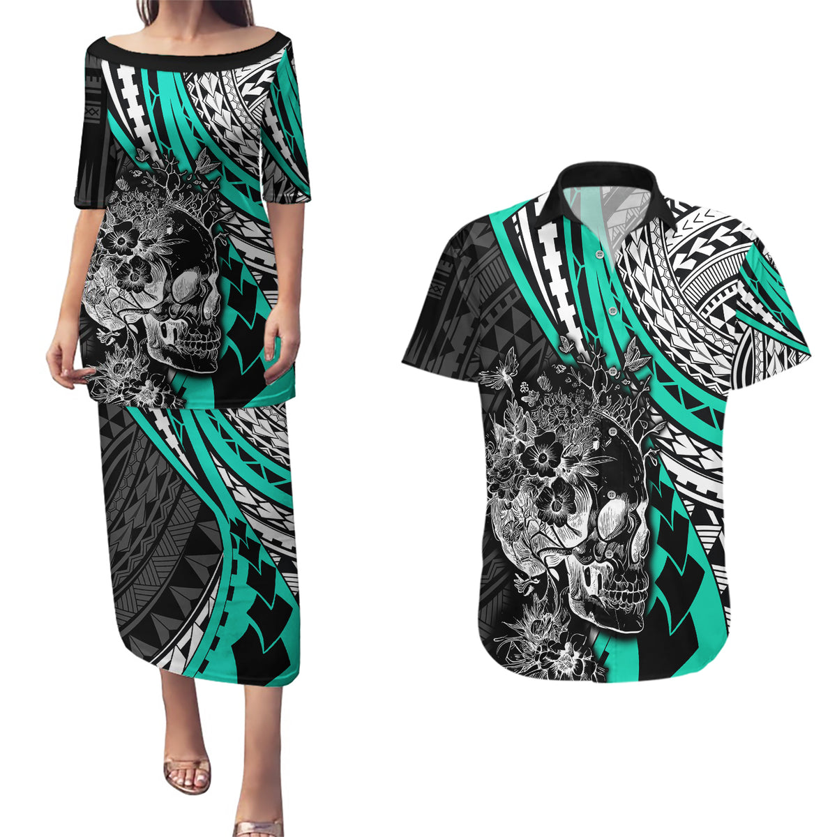 Personalised Polynesia Skull Couples Matching Puletasi Dress and Hawaiian Shirt Tattoo In The Style Of Maori With Marine Life Aqua LT9 - Wonder Print Shop